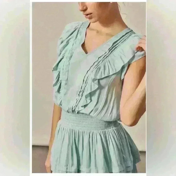 Mustard Seed Mini Dress Size M Pleated Detail Mint Green Woven Casual Boho Silky - Picture 2 of 13